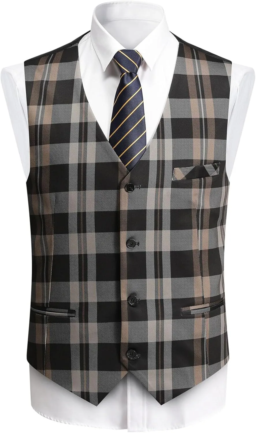 YFFUSHI Men's Plaid Tweed 3 Piece Suit Slim Fit Button Dinner Suit Tuxedo