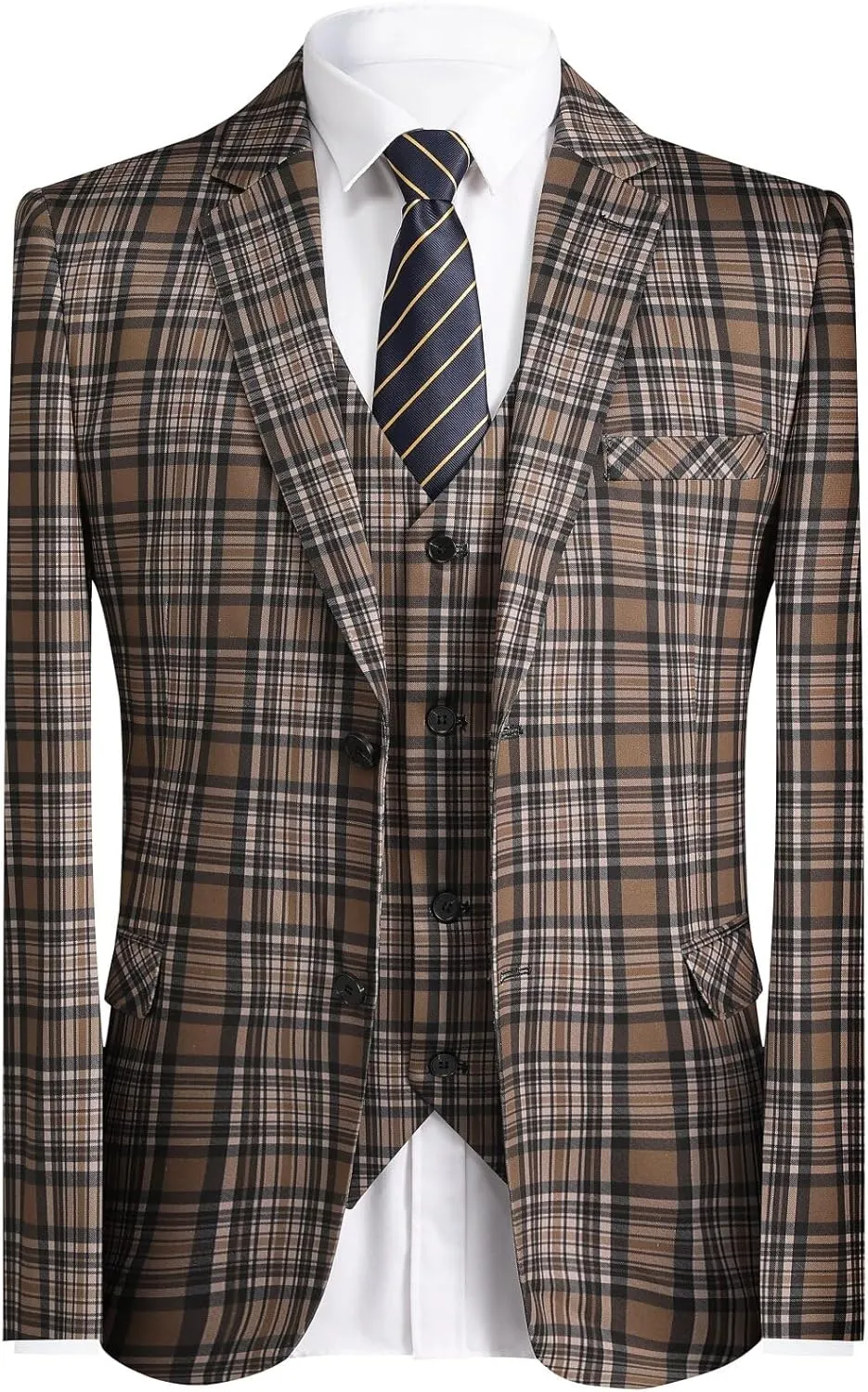 YFFUSHI Men's Plaid Tweed 3 Piece Suit Slim Fit Button Dinner Suit Tuxedo