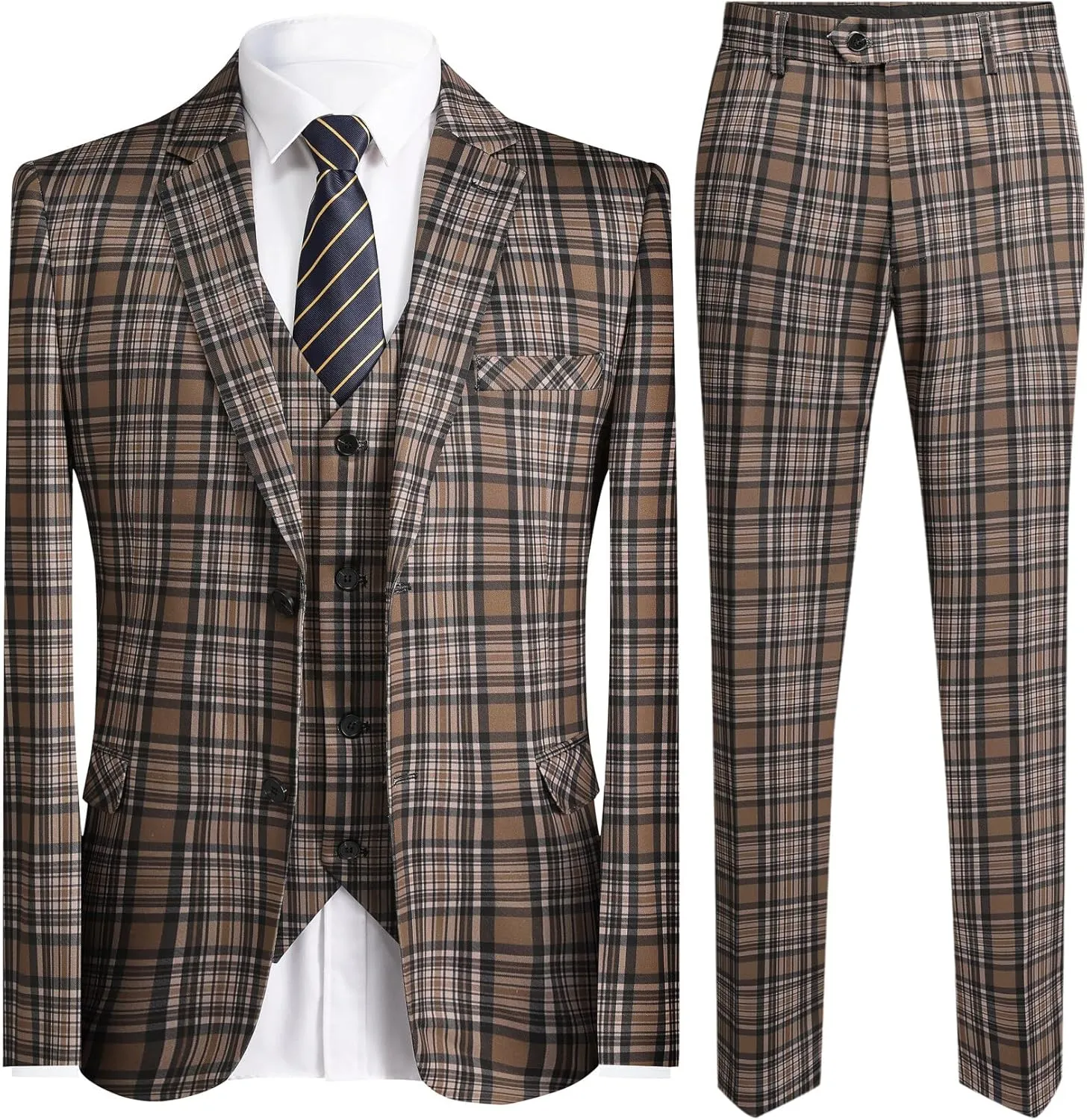 YFFUSHI Men's Plaid Tweed 3 Piece Suit Slim Fit Button Dinner Suit Tuxedo