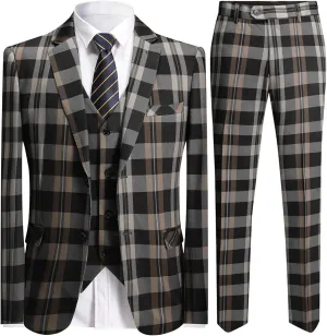 YFFUSHI Men's Plaid Tweed 3 Piece Suit Slim Fit Button Dinner Suit Tuxedo