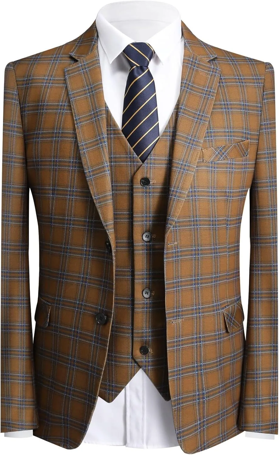 YFFUSHI Men's Plaid Tweed 3 Piece Suit Slim Fit Button Dinner Suit Tuxedo