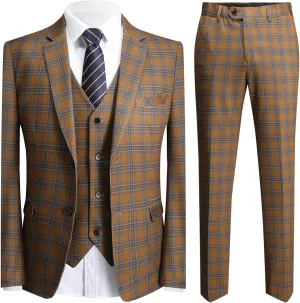 YFFUSHI Men's Plaid Tweed 3 Piece Suit Slim Fit Button Dinner Suit Tuxedo