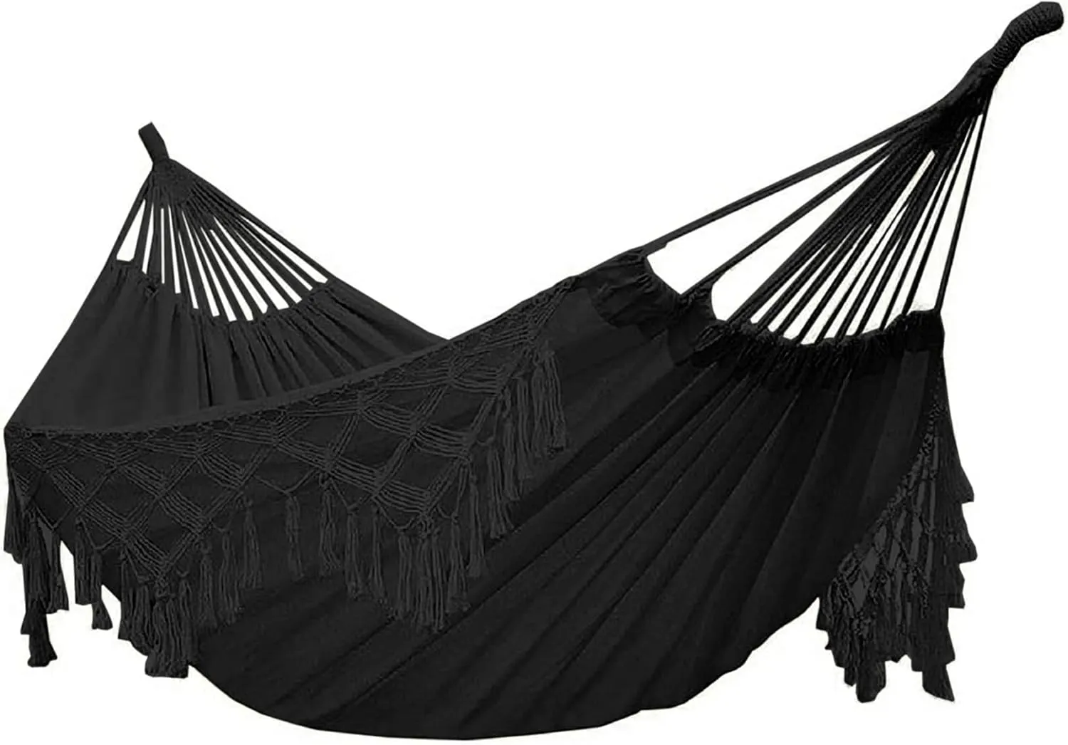 YFUG GO Double Sized Boho Macrame Black Hammock with Elegant Tassels and Fishtail Knitting 485Lbs Includes Tie Ropes and Black Drawstring Bag for Women