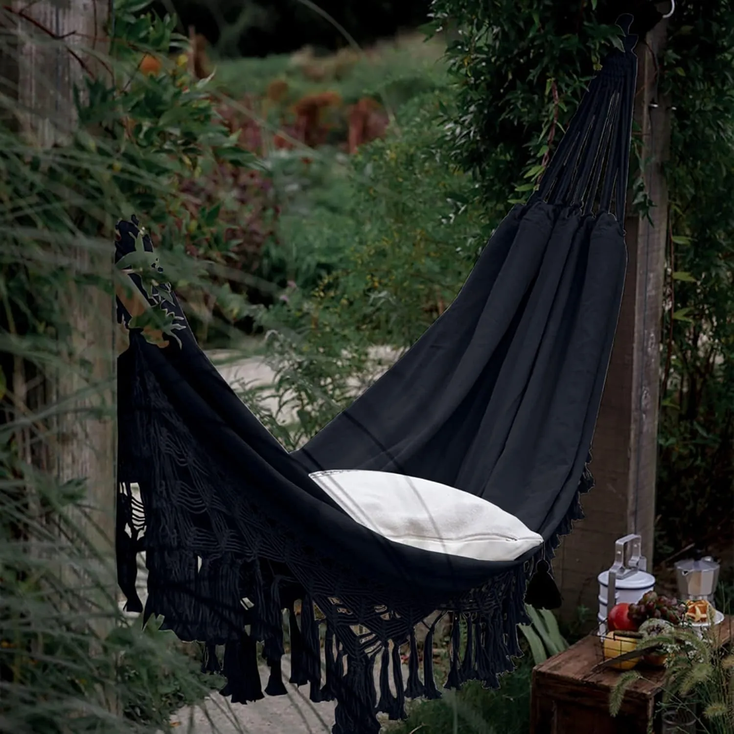 YFUG GO Double Sized Boho Macrame Black Hammock with Elegant Tassels and Fishtail Knitting 485Lbs Includes Tie Ropes and Black Drawstring Bag for Women