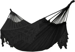 YFUG GO Double Sized Boho Macrame Black Hammock with Elegant Tassels and Fishtail Knitting 485Lbs Includes Tie Ropes and Black Drawstring Bag for Women