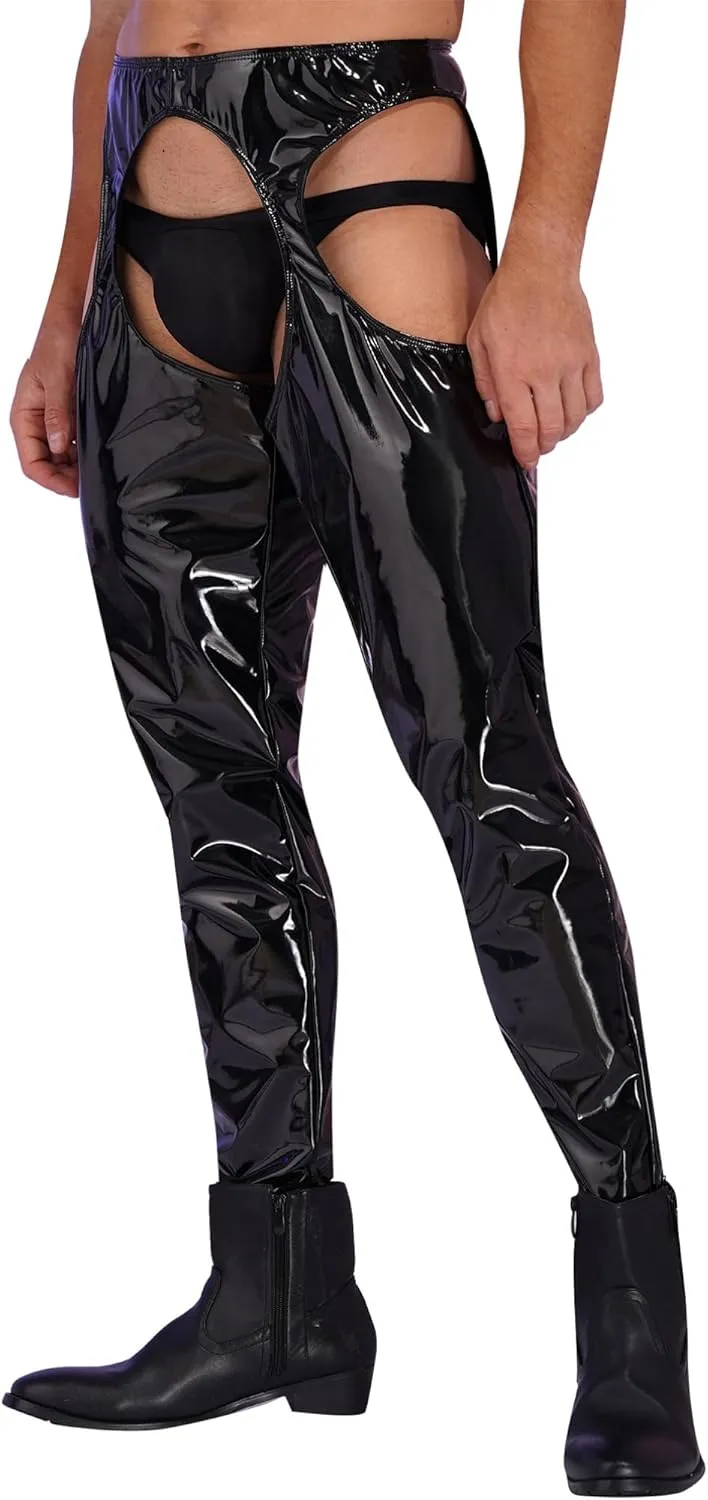 YiZYiF Men's Faux Leather Skinny Leggings Zipper Pouch Hollow Out Long Pants Trousers