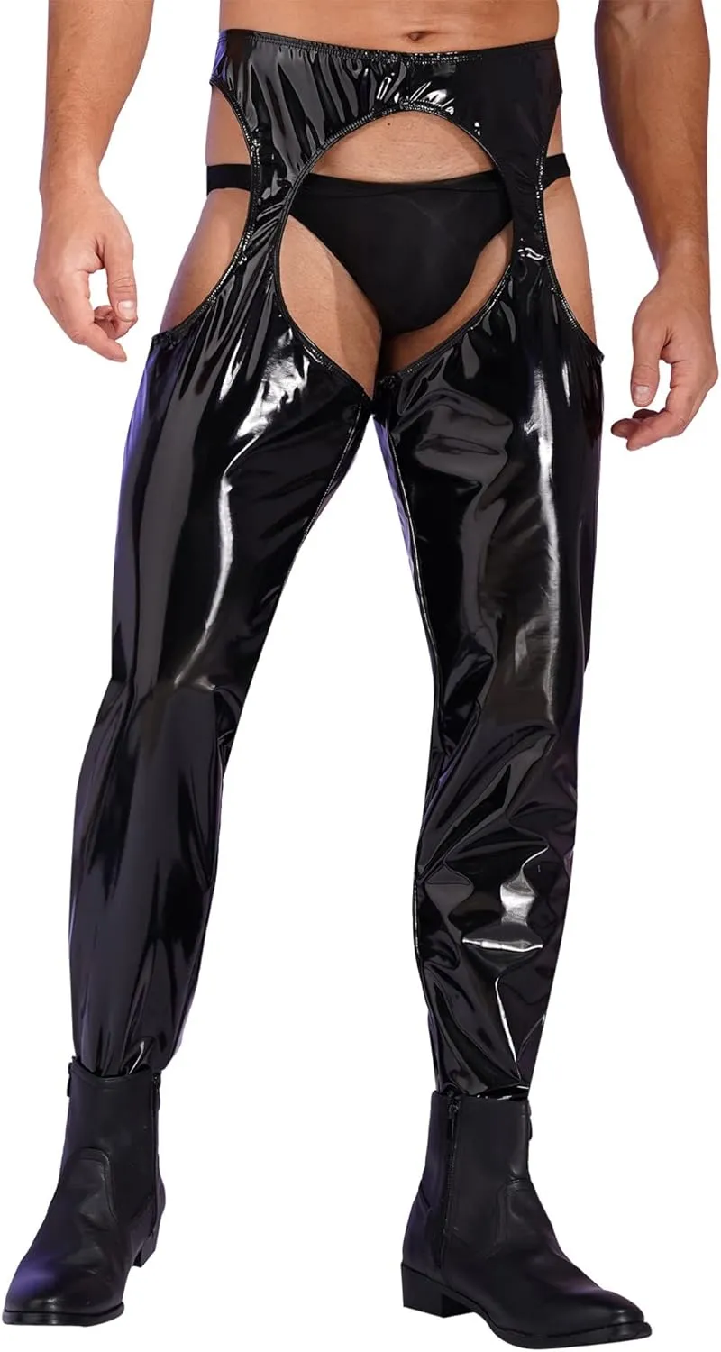 YiZYiF Men's Faux Leather Skinny Leggings Zipper Pouch Hollow Out Long Pants Trousers
