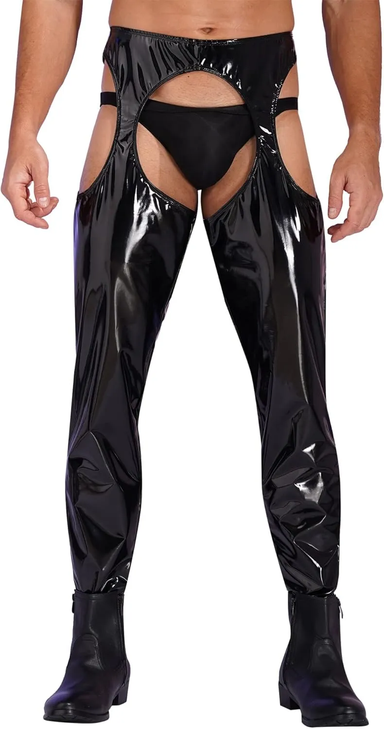 YiZYiF Men's Faux Leather Skinny Leggings Zipper Pouch Hollow Out Long Pants Trousers