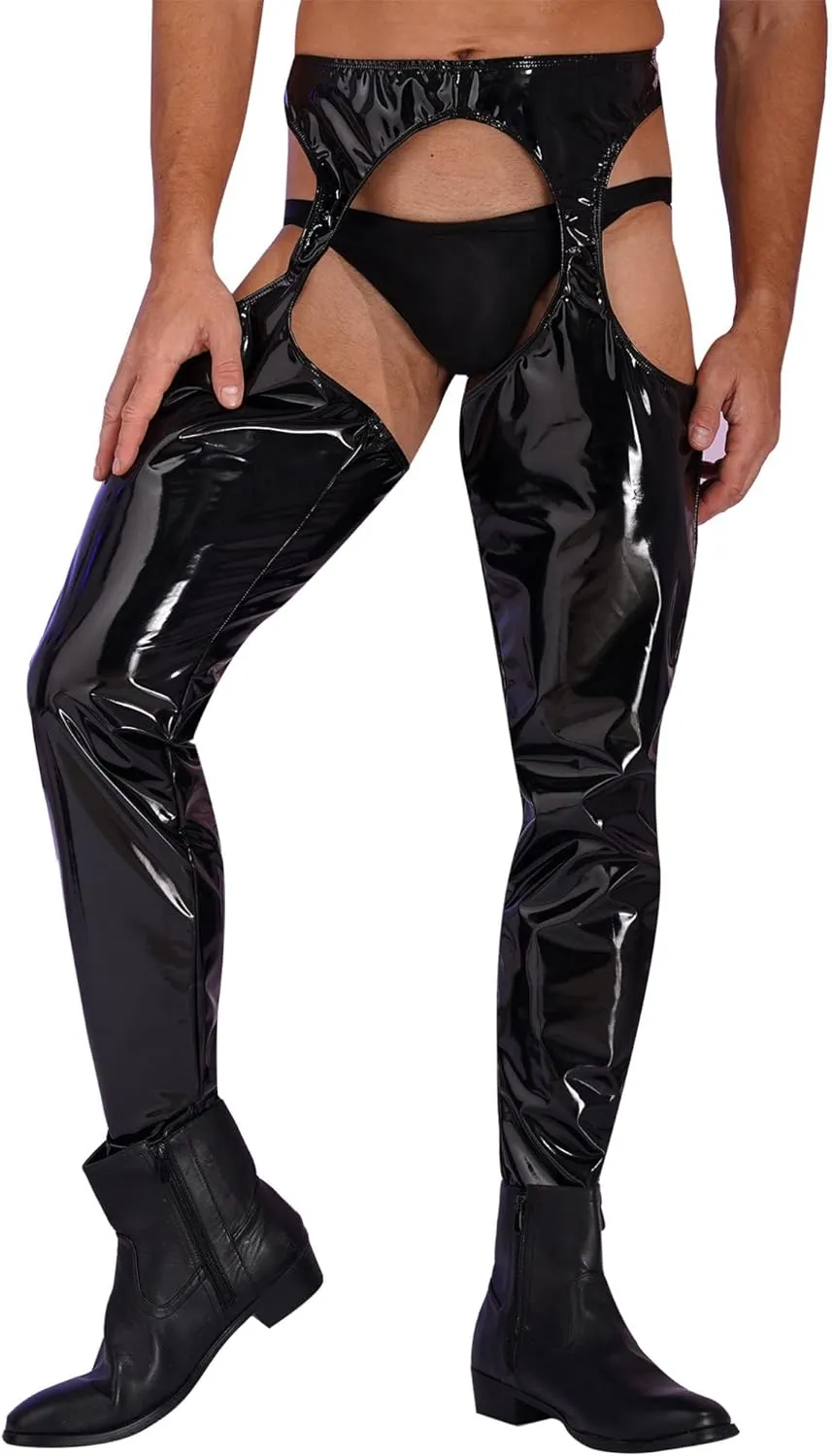 YiZYiF Men's Faux Leather Skinny Leggings Zipper Pouch Hollow Out Long Pants Trousers