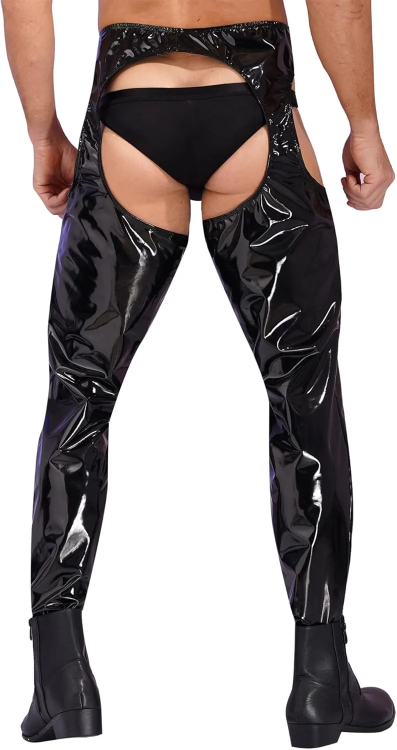 YiZYiF Men's Faux Leather Skinny Leggings Zipper Pouch Hollow Out Long Pants Trousers