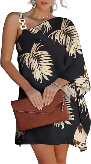 yoeasy Women's Print Batwing Sleeve One Shoulder Mini Dress Casual Party Strappy Mini Dress