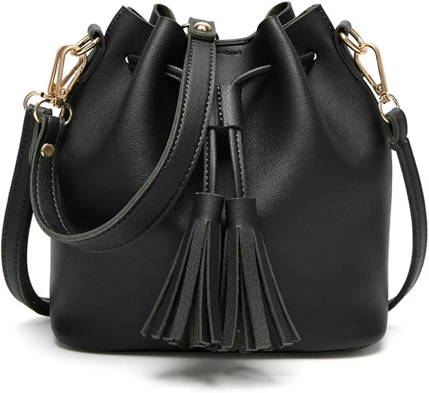 Yohora Womens Mini Bucket Bag Leather Drawstring Handbag Tassel Shoulder Purse Retro Crossbody Wallet with Adjustable Straps