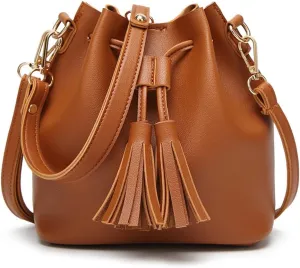 Yohora Womens Mini Bucket Bag Leather Drawstring Handbag Tassel Shoulder Purse Retro Crossbody Wallet with Adjustable Straps