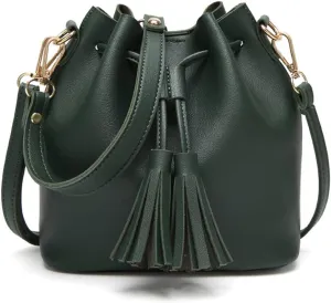Yohora Womens Mini Bucket Bag Leather Drawstring Handbag Tassel Shoulder Purse Retro Crossbody Wallet with Adjustable Straps
