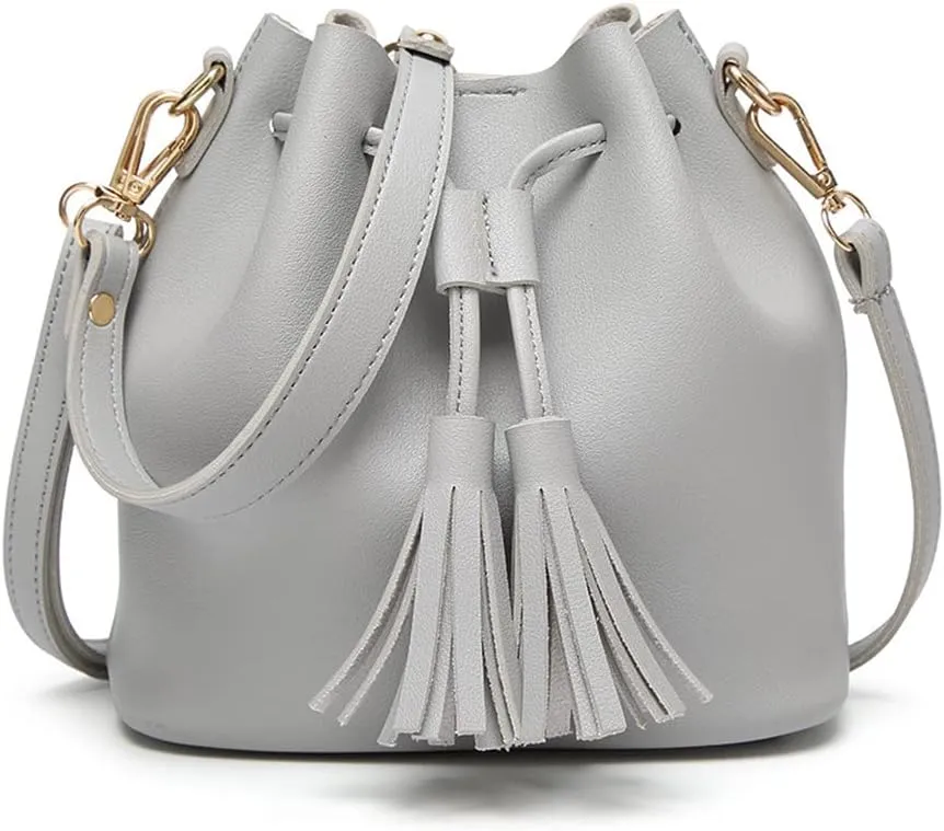 Yohora Womens Mini Bucket Bag Leather Drawstring Handbag Tassel Shoulder Purse Retro Crossbody Wallet with Adjustable Straps