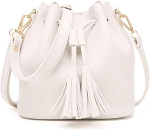 Yohora Womens Mini Bucket Bag Leather Drawstring Handbag Tassel Shoulder Purse Retro Crossbody Wallet with Adjustable Straps
