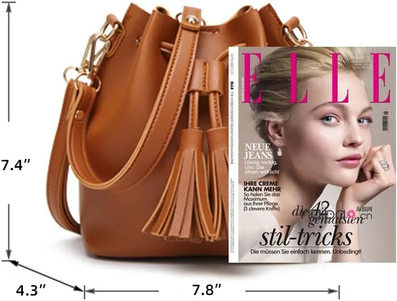 Yohora Womens Mini Bucket Bag Leather Drawstring Handbag Tassel Shoulder Purse Retro Crossbody Wallet with Adjustable Straps