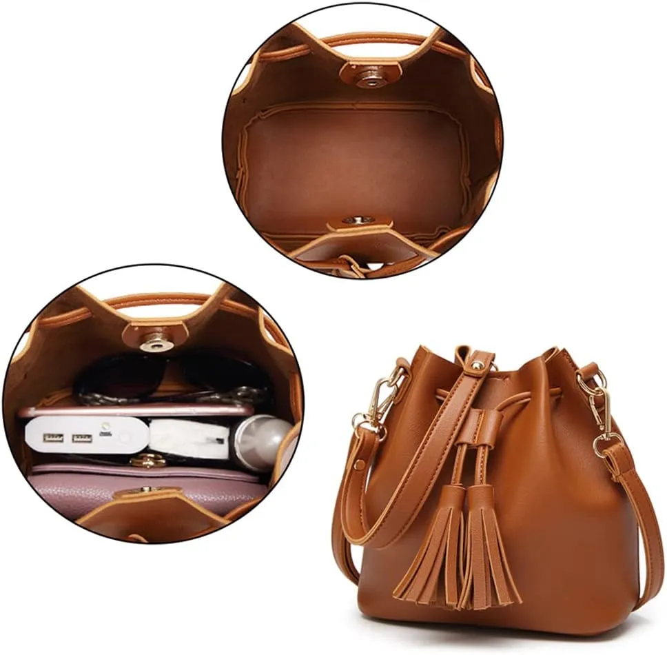 Yohora Womens Mini Bucket Bag Leather Drawstring Handbag Tassel Shoulder Purse Retro Crossbody Wallet with Adjustable Straps