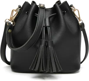 Yohora Womens Mini Bucket Bag Leather Drawstring Handbag Tassel Shoulder Purse Retro Crossbody Wallet with Adjustable Straps