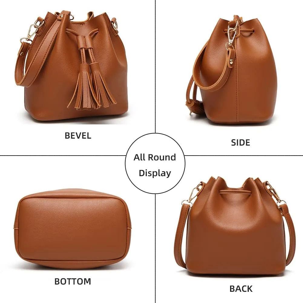 Yohora Womens Mini Bucket Bag Leather Drawstring Handbag Tassel Shoulder Purse Retro Crossbody Wallet with Adjustable Straps