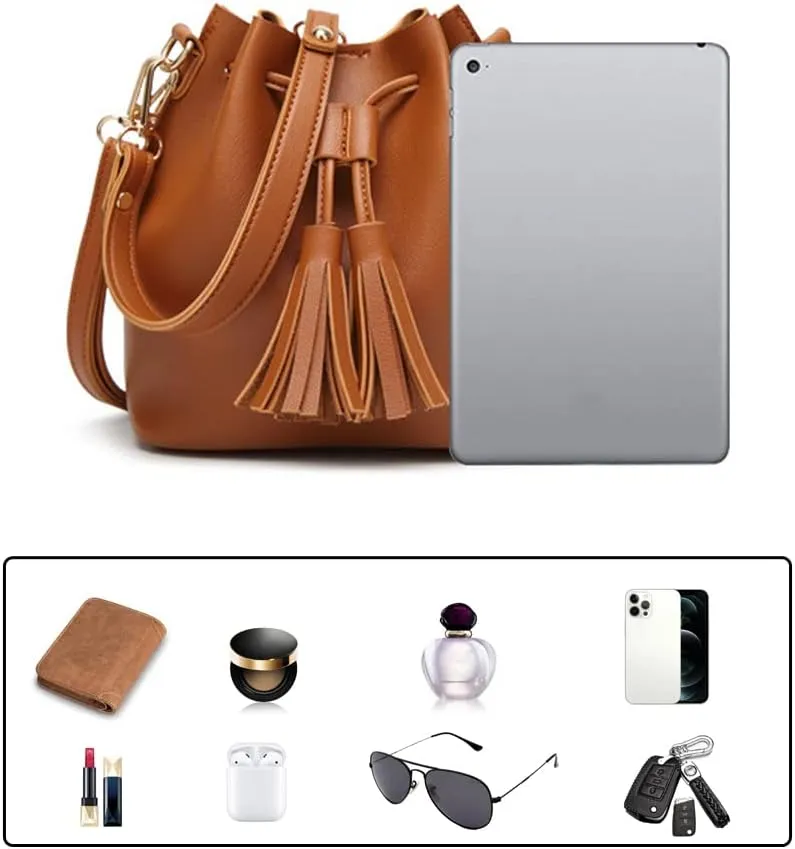 Yohora Womens Mini Bucket Bag Leather Drawstring Handbag Tassel Shoulder Purse Retro Crossbody Wallet with Adjustable Straps
