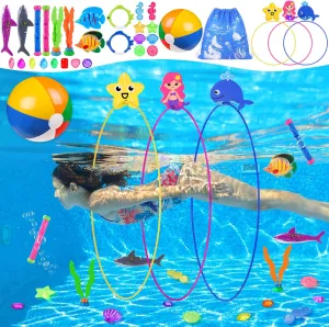 YUJUN 31 PCS Pool Diving Toys Big Rings Swim Thru Rings Pool Game Toys Summer Underwater Game with Pool Fishes Dive Sticks Gems Storage Bag Swim Birthday Party Favors for Kids Teens Adults