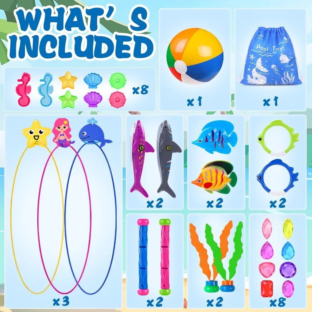 YUJUN 31 PCS Pool Diving Toys Big Rings Swim Thru Rings Pool Game Toys Summer Underwater Game with Pool Fishes Dive Sticks Gems Storage Bag Swim Birthday Party Favors for Kids Teens Adults