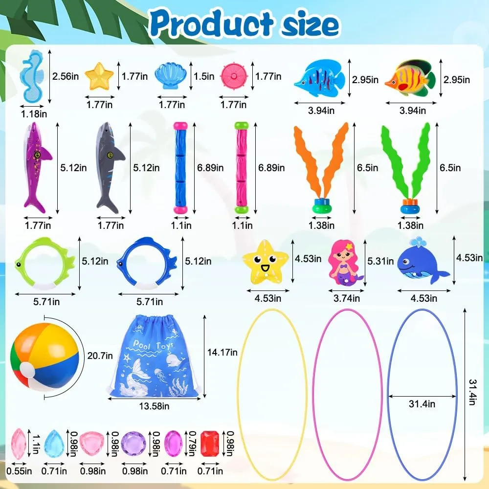 YUJUN 31 PCS Pool Diving Toys Big Rings Swim Thru Rings Pool Game Toys Summer Underwater Game with Pool Fishes Dive Sticks Gems Storage Bag Swim Birthday Party Favors for Kids Teens Adults