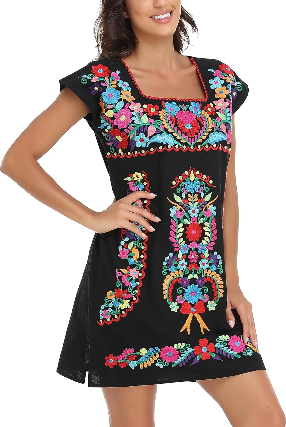 YZXDORWJ Women Mexican Embroidered Dress Ruffle Collar Sleeveless