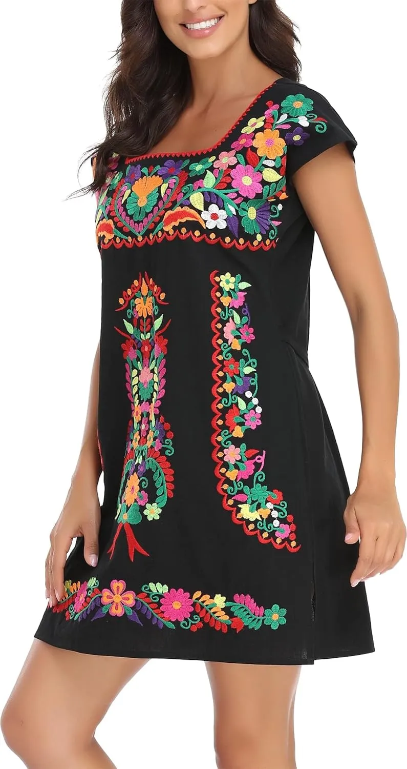 YZXDORWJ Women Mexican Embroidered Dress Ruffle Collar Sleeveless