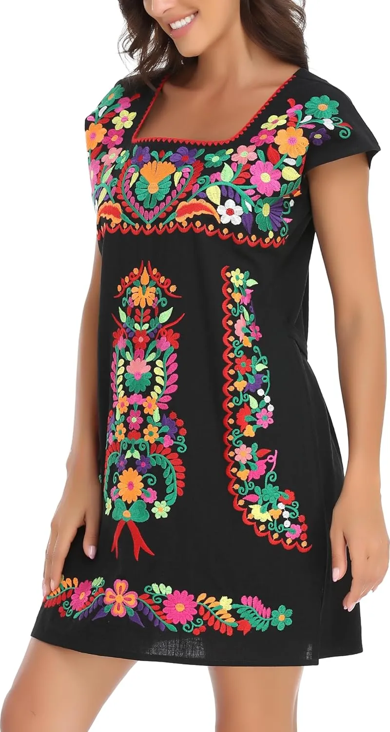YZXDORWJ Women Mexican Embroidered Dress Ruffle Collar Sleeveless