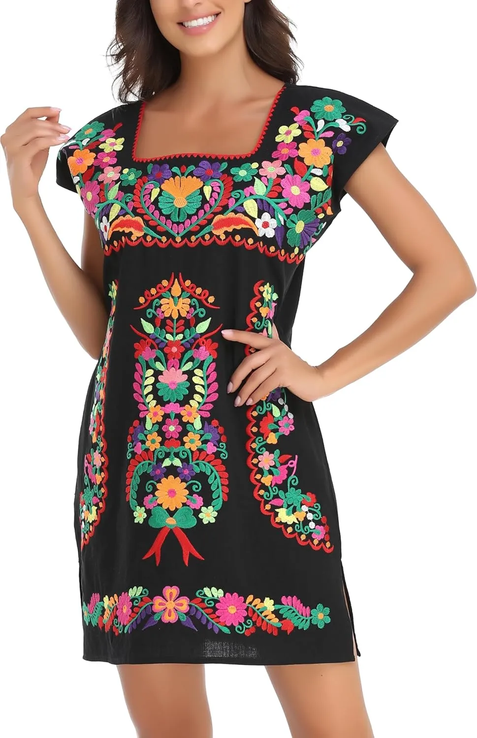 YZXDORWJ Women Mexican Embroidered Dress Ruffle Collar Sleeveless