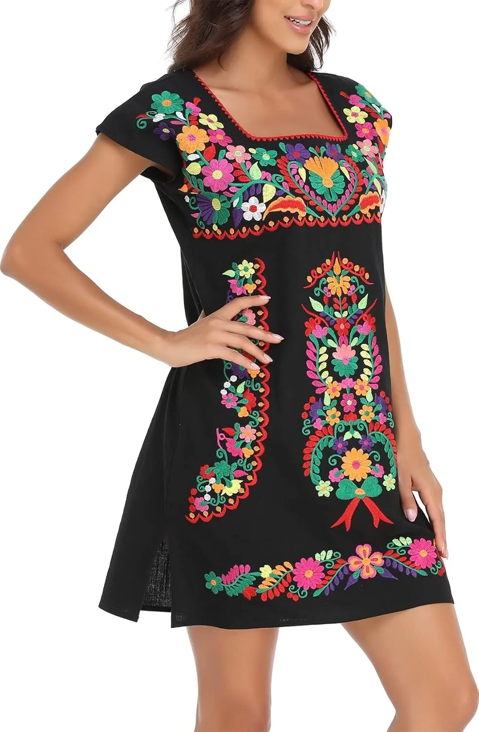 YZXDORWJ Women Mexican Embroidered Dress Ruffle Collar Sleeveless