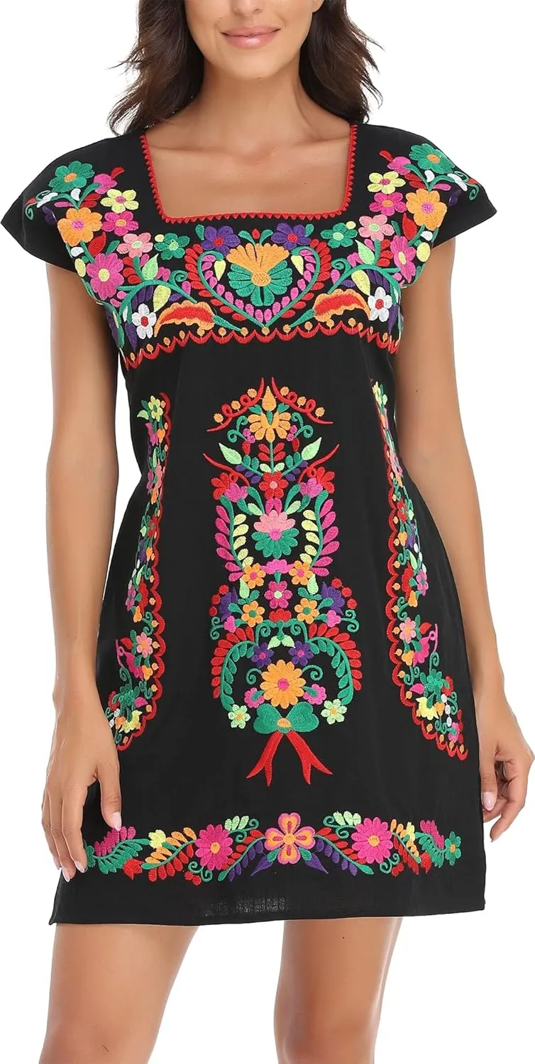 YZXDORWJ Women Mexican Embroidered Dress Ruffle Collar Sleeveless