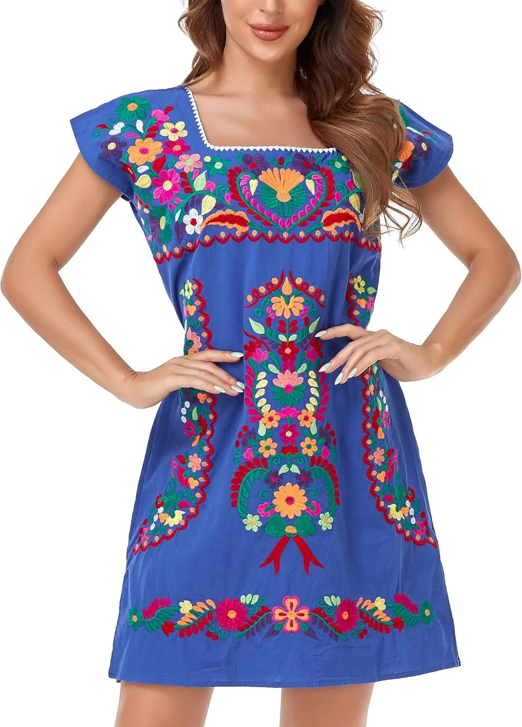 YZXDORWJ Women Mexican Embroidered Dress Ruffle Collar Sleeveless