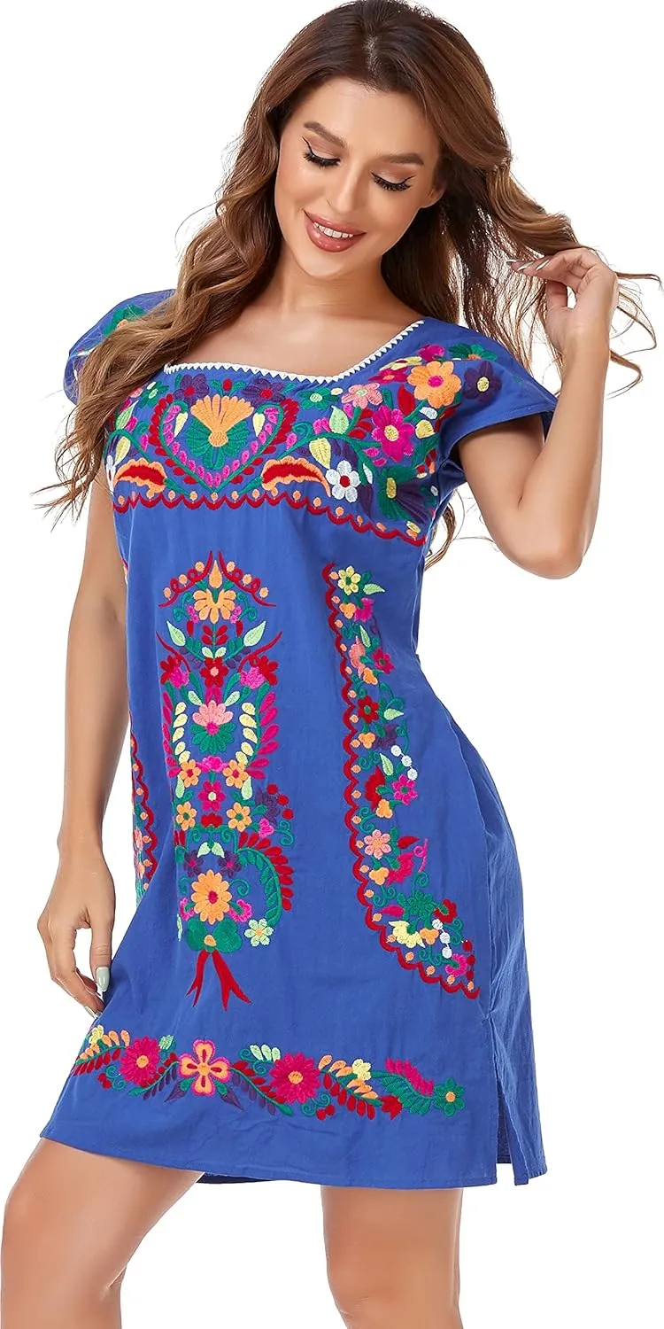 YZXDORWJ Women Mexican Embroidered Dress Ruffle Collar Sleeveless