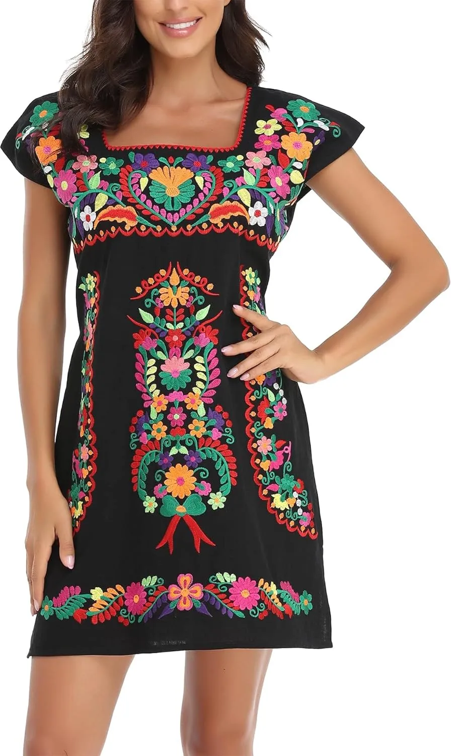 YZXDORWJ Women Mexican Embroidered Dress Ruffle Collar Sleeveless