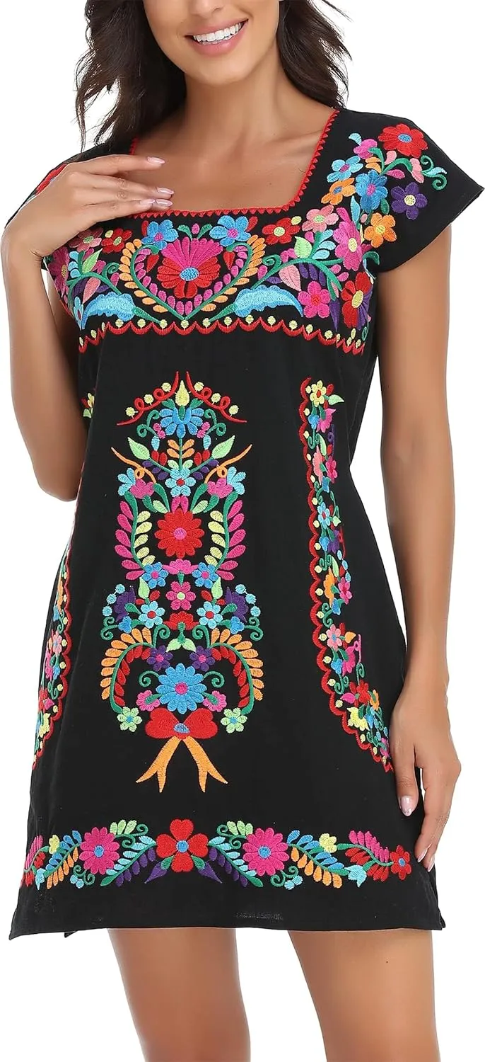 YZXDORWJ Women Mexican Embroidered Dress Ruffle Collar Sleeveless