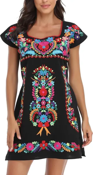 YZXDORWJ Women Mexican Embroidered Dress Ruffle Collar Sleeveless