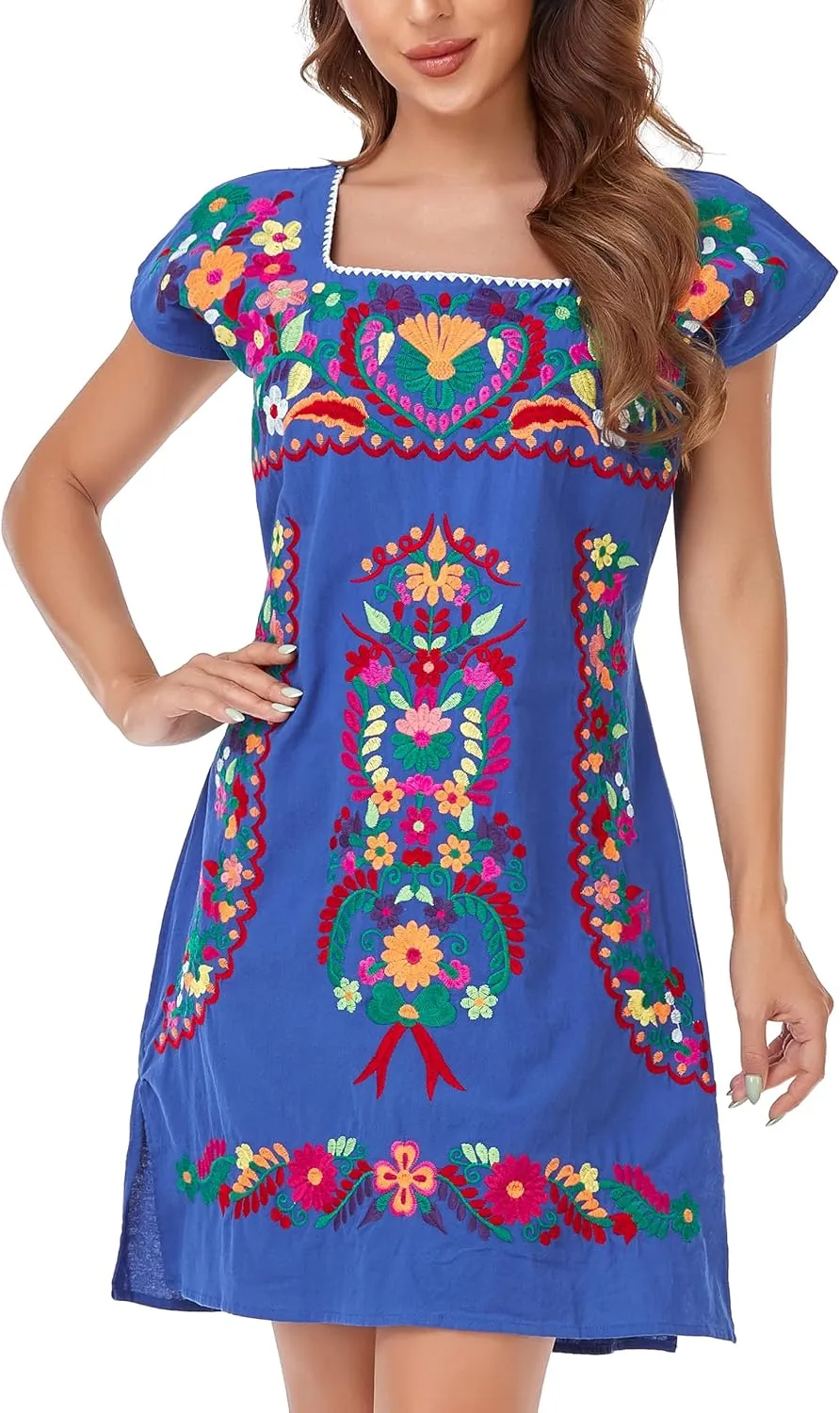 YZXDORWJ Women Mexican Embroidered Dress Ruffle Collar Sleeveless