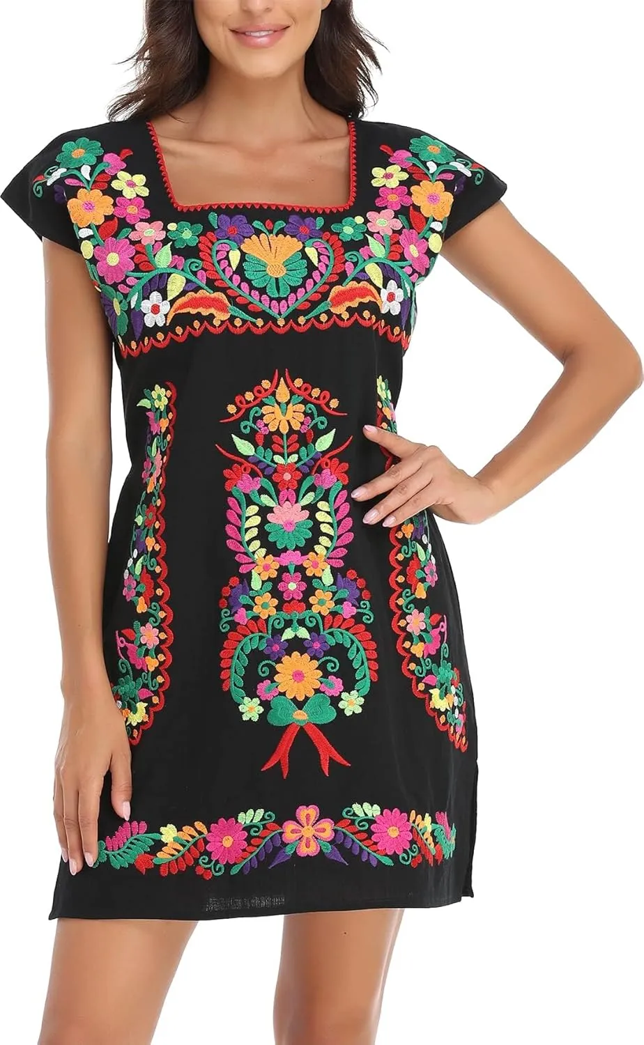 YZXDORWJ Women Mexican Embroidered Dress Ruffle Collar Sleeveless
