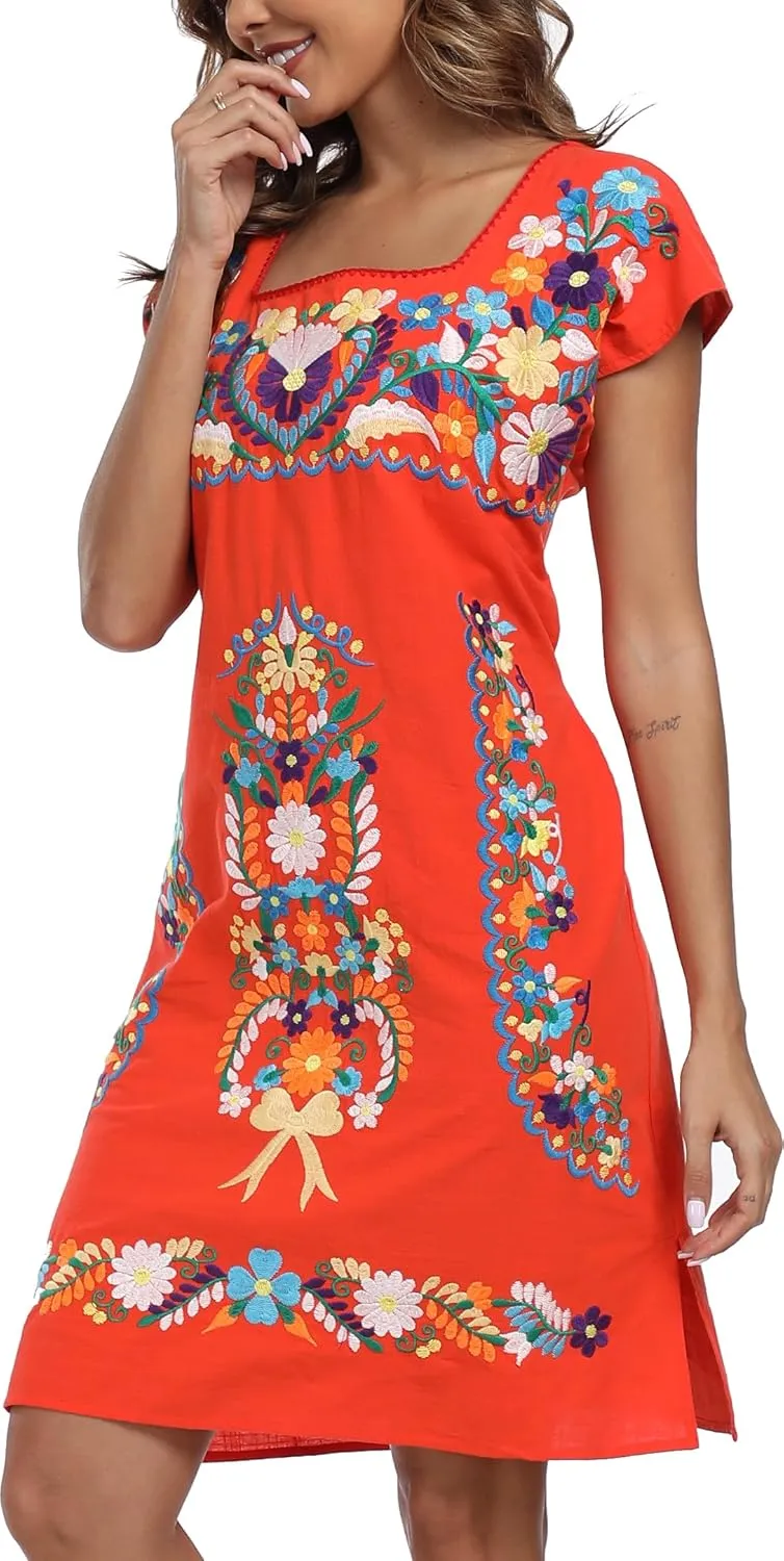 YZXDORWJ Women Mexican Embroidered Dress Ruffle Collar Sleeveless