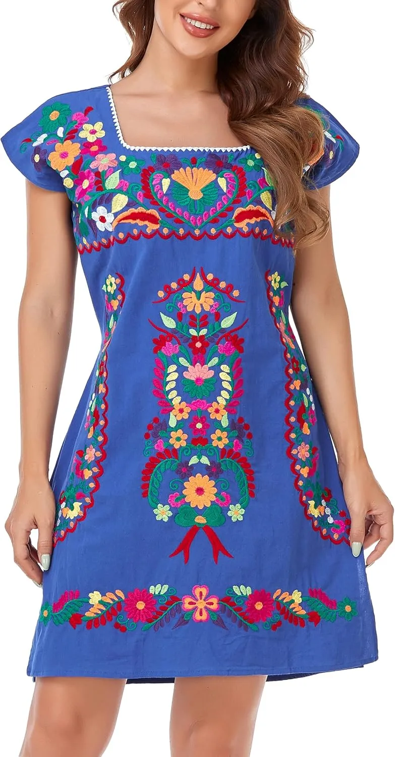 YZXDORWJ Women Mexican Embroidered Dress Ruffle Collar Sleeveless