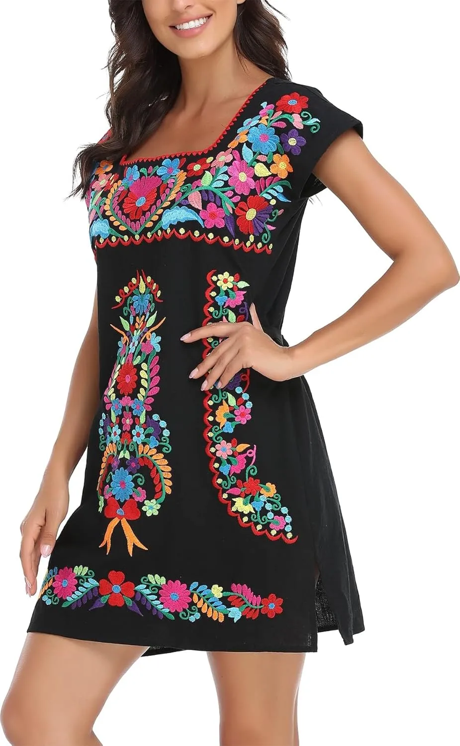 YZXDORWJ Women Mexican Embroidered Dress Ruffle Collar Sleeveless