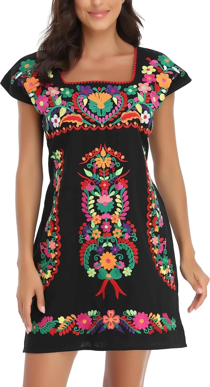 YZXDORWJ Women Mexican Embroidered Dress Ruffle Collar Sleeveless
