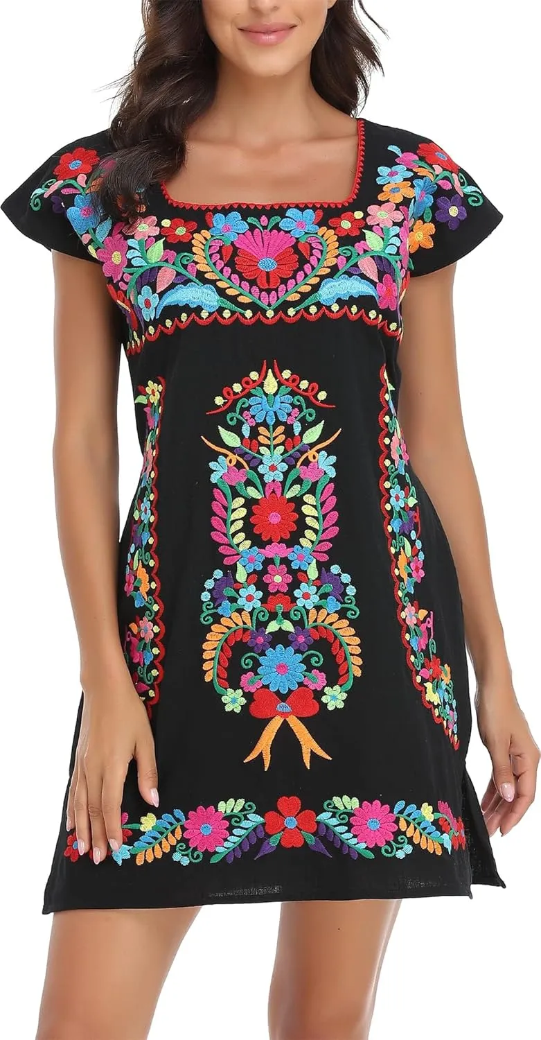 YZXDORWJ Women Mexican Embroidered Dress Ruffle Collar Sleeveless