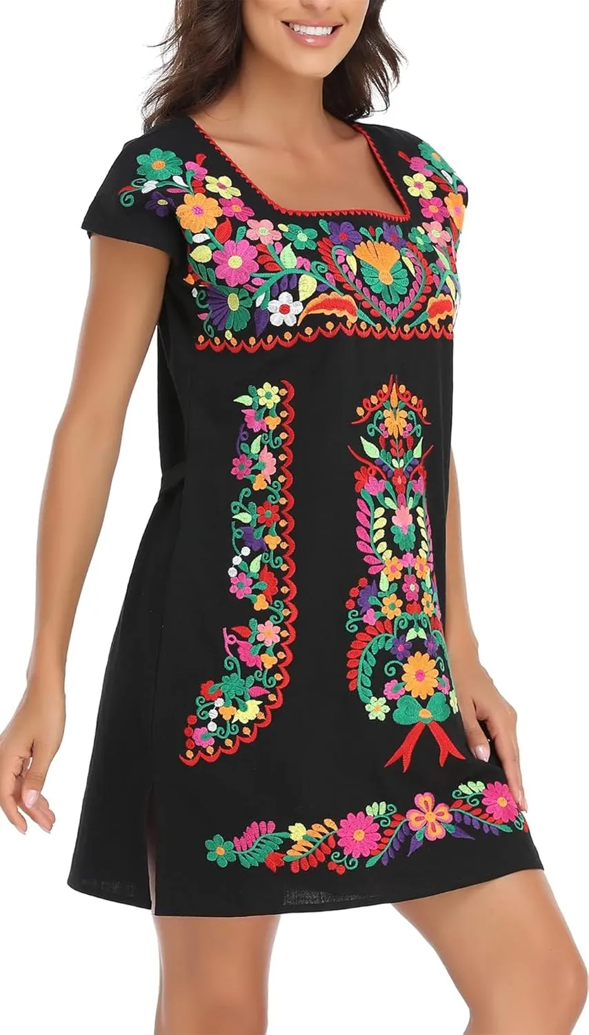 YZXDORWJ Women Mexican Embroidered Dress Ruffle Collar Sleeveless