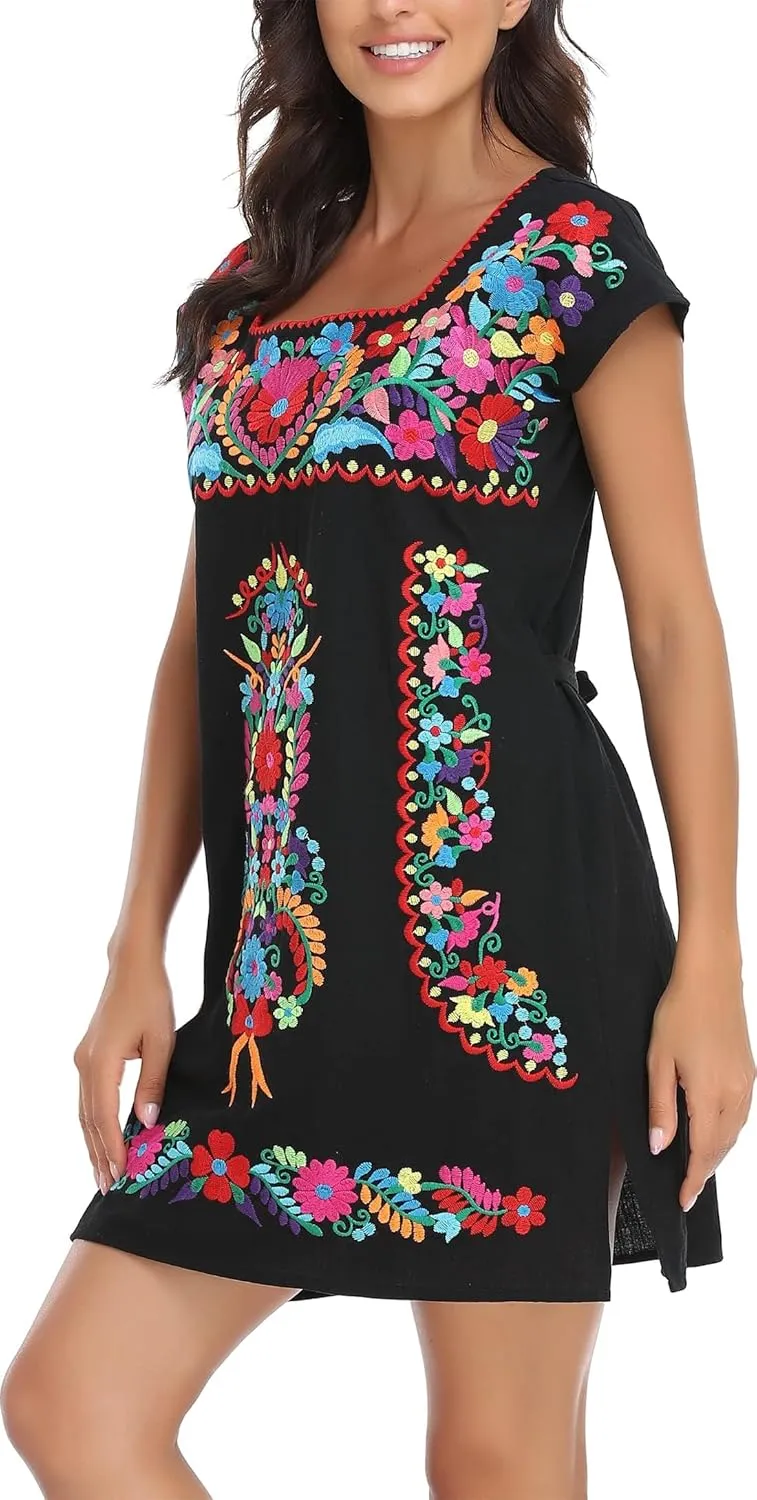 YZXDORWJ Women Mexican Embroidered Dress Ruffle Collar Sleeveless