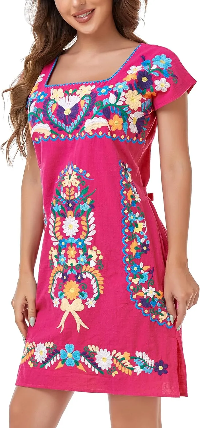 YZXDORWJ Women Mexican Embroidered Dress Ruffle Collar Sleeveless