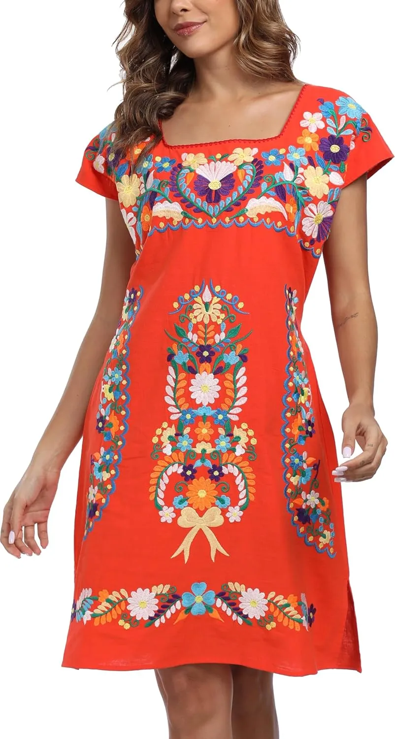 YZXDORWJ Women Mexican Embroidered Dress Ruffle Collar Sleeveless